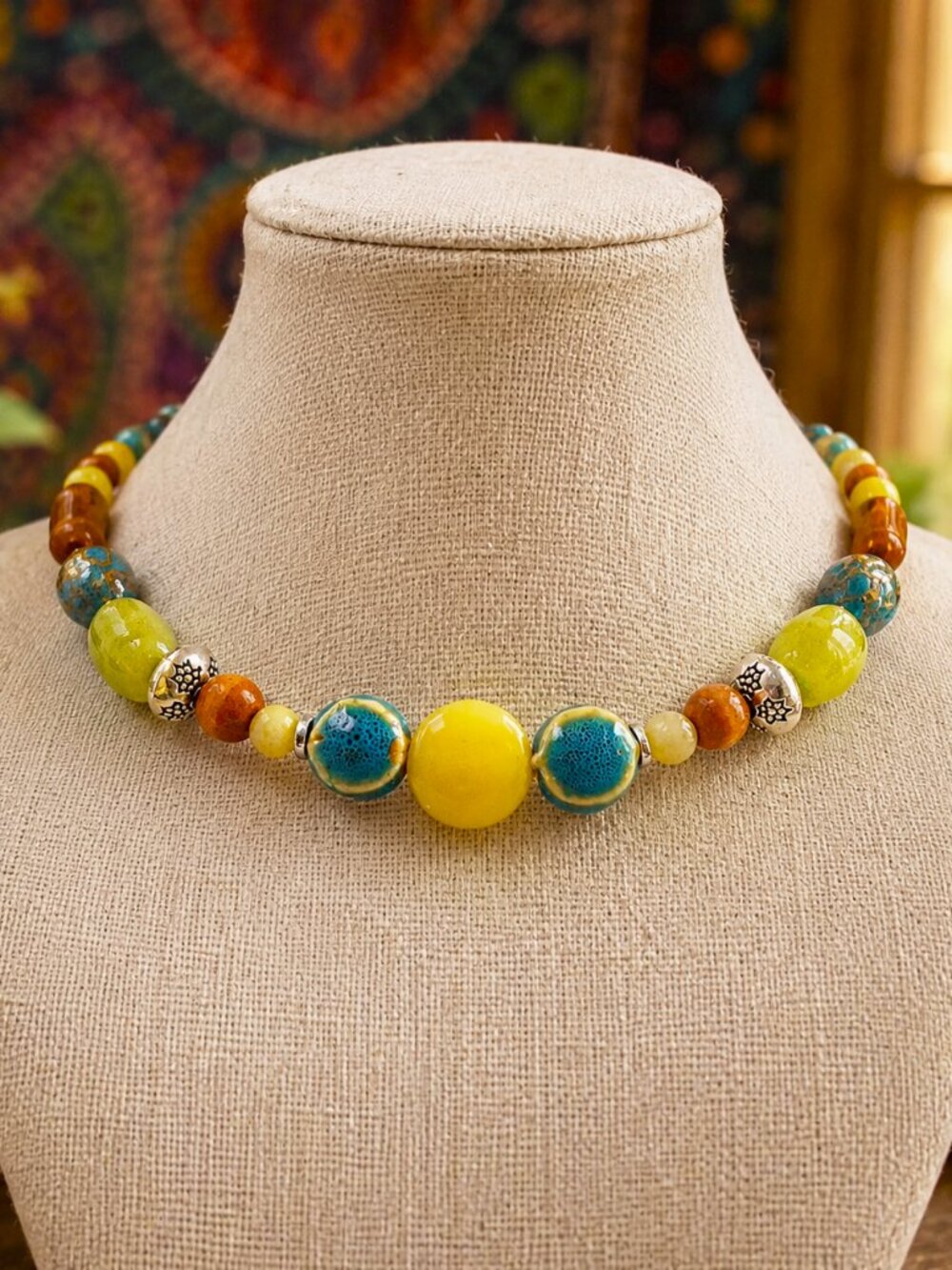 Bright Citrus Boho Beaded Necklace - Lemon Jade, Imperial Jasper, Ceramic & Wood